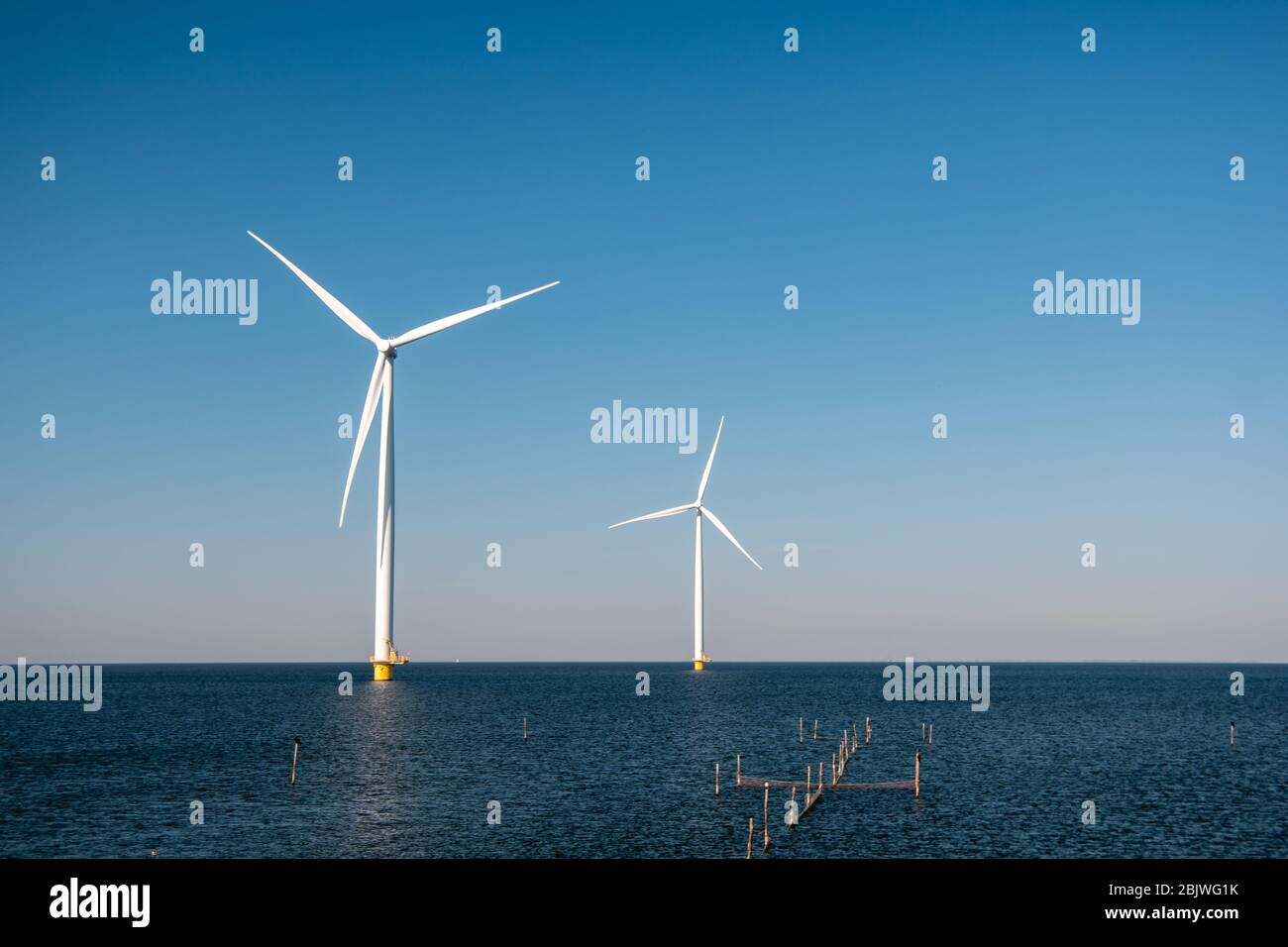 offshore windmill park green energy in the Netherlands Europe, wind mill turbines at sea and
