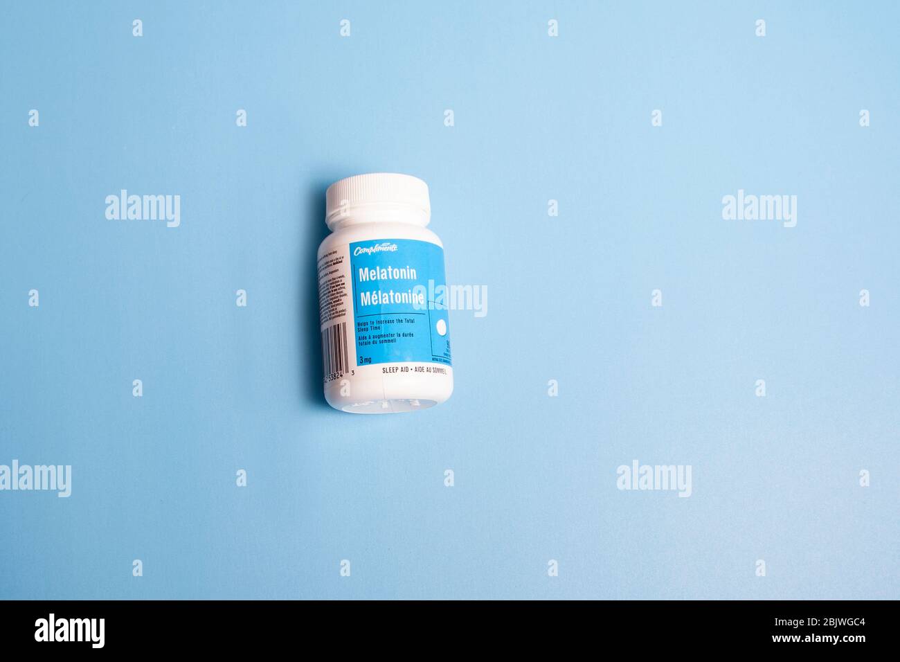 Halifax, Canada - April 11, 2020: A bottle of Our Compliments brand Melatonin which helps with sleep Stock Photo