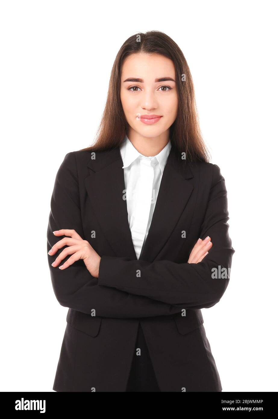 Beautiful young woman in elegant suit on white background Stock Photo ...