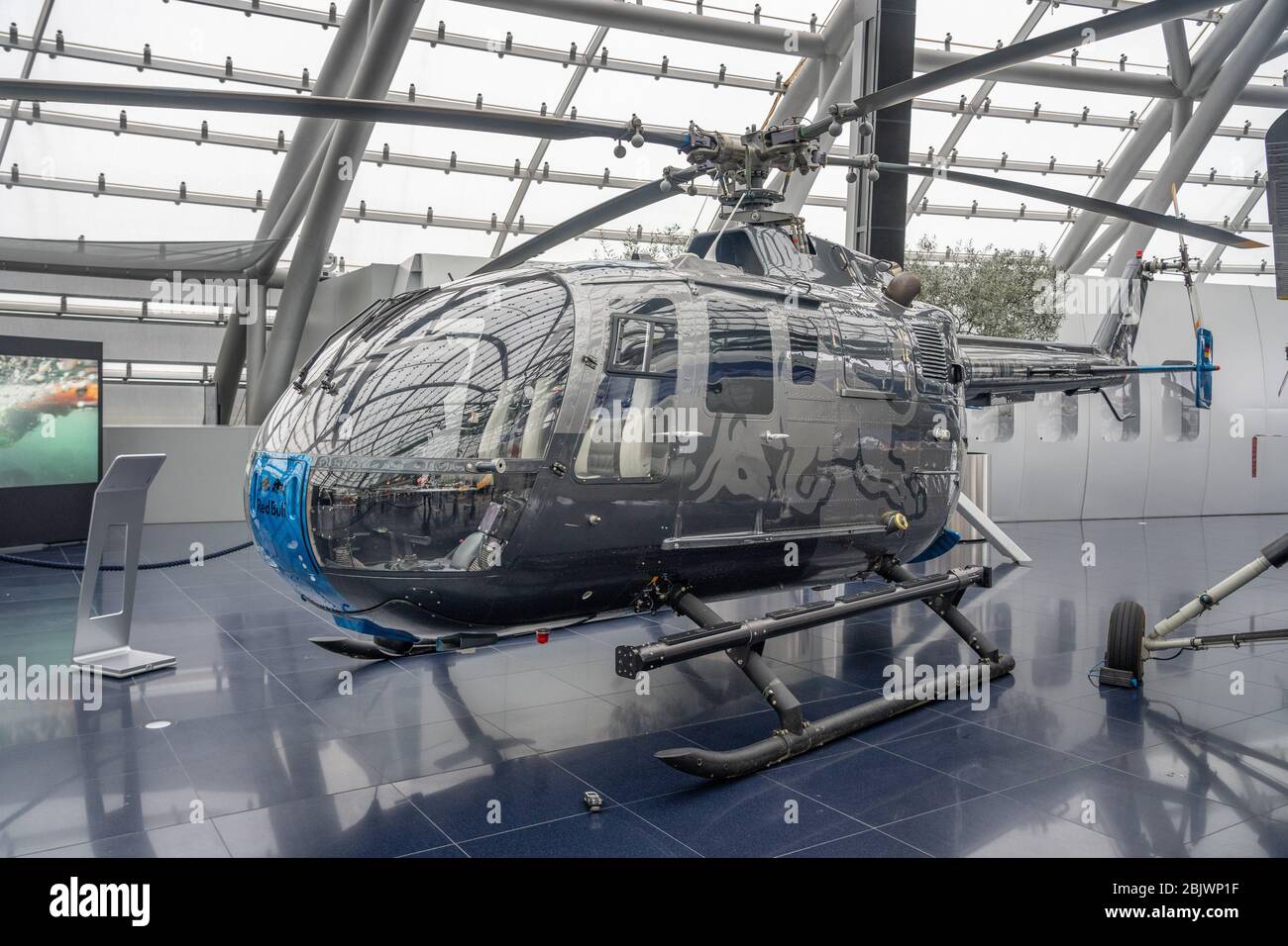 Feb 3, 2020 - Salzburg, Austria: Spezifikationen helicopter in display at Flying Bull Hangar-7 Center hall Stock Photo