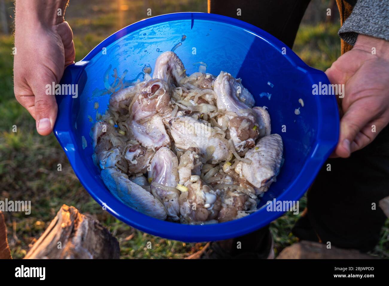 The male handa holds a blue bowl with marinated chicken wings. BBQ and rest Stock Photo