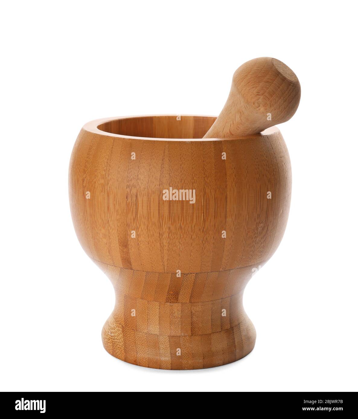 Wooden mortar and pestle on white background. Handcrafted cooking