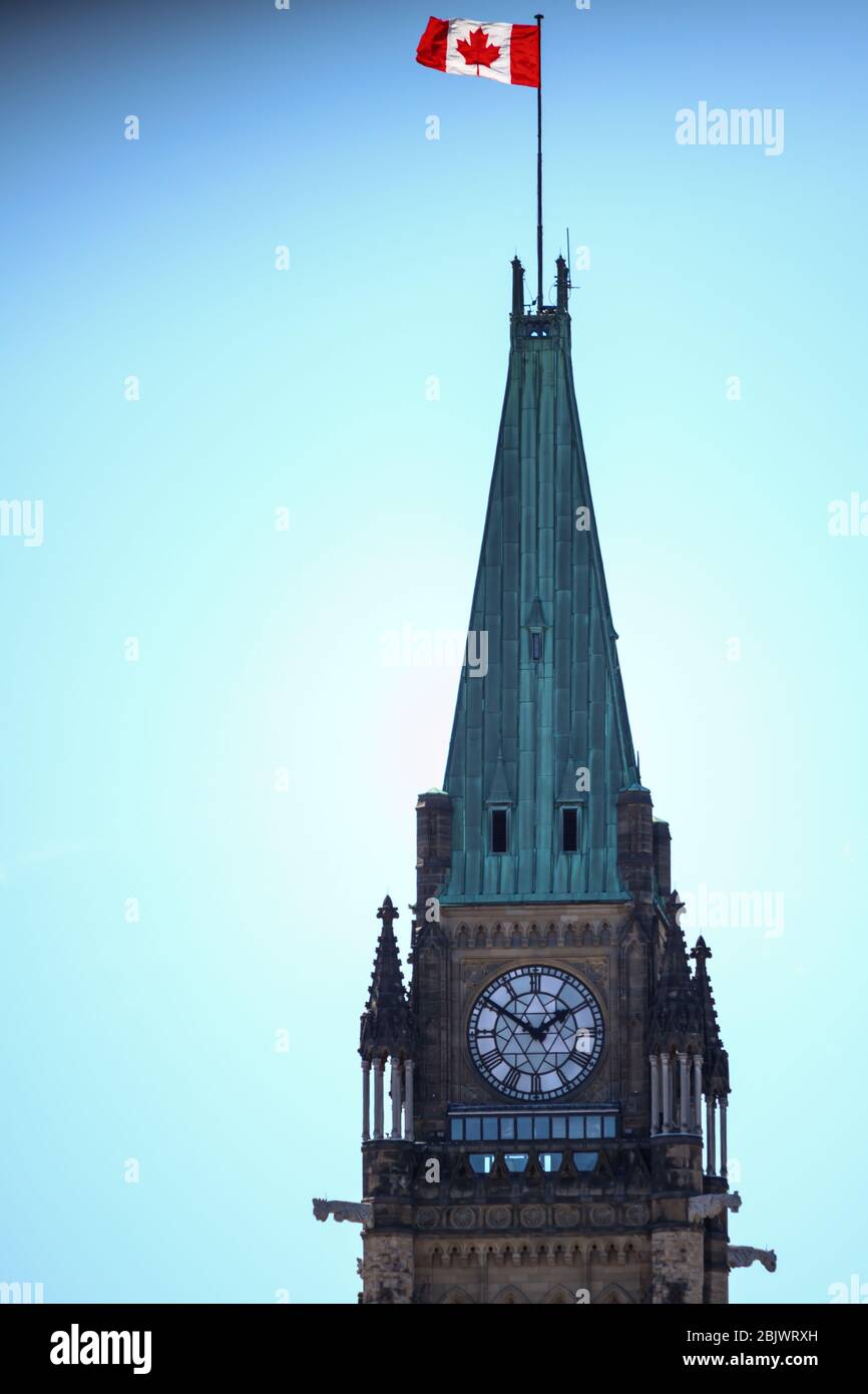 The upper portion of the Peace Tower, a clock tower attached to the
