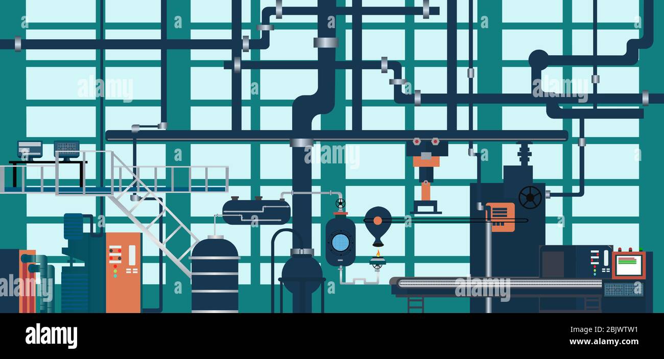 Vector of equipment and piping inside of an industrial modern power plant Stock Vector