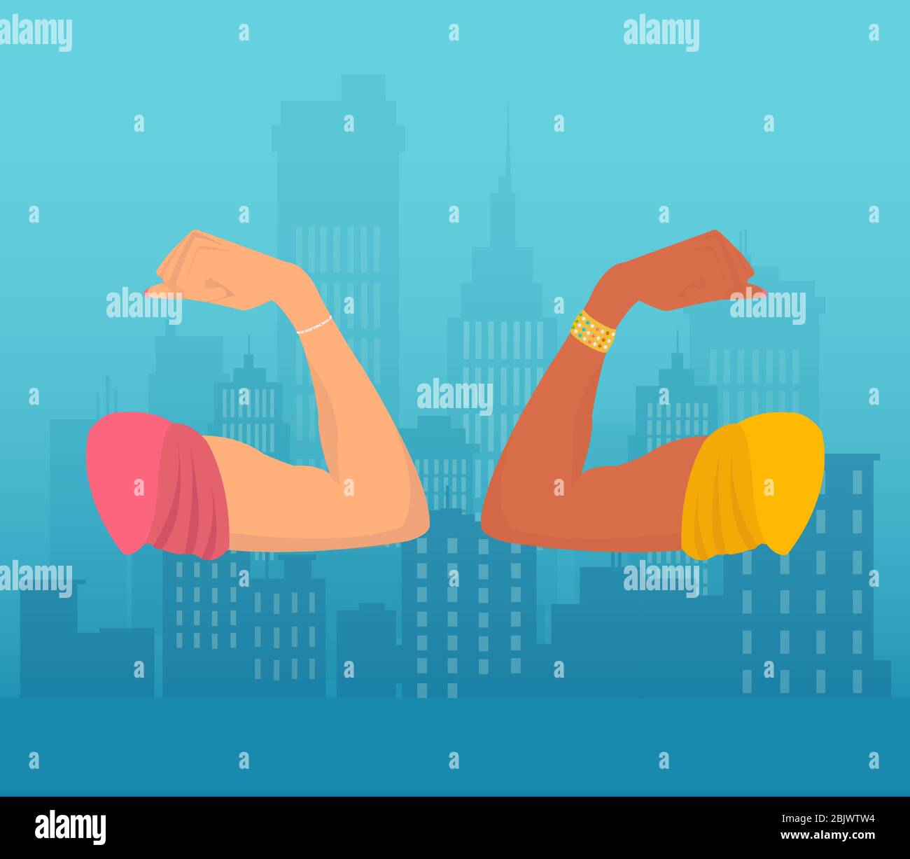 Vector of white and black women flexing their arms biceps showing strength and courage Stock Vector