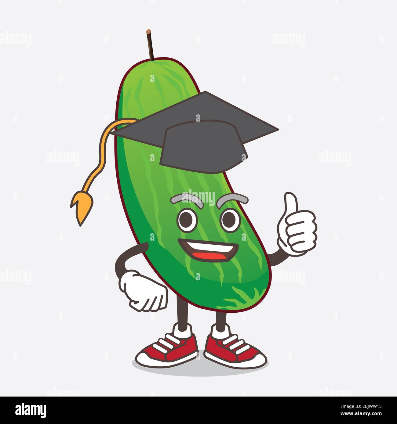 An illustration of Cucumber cartoon mascot character in a black Graduation hat Stock Photo