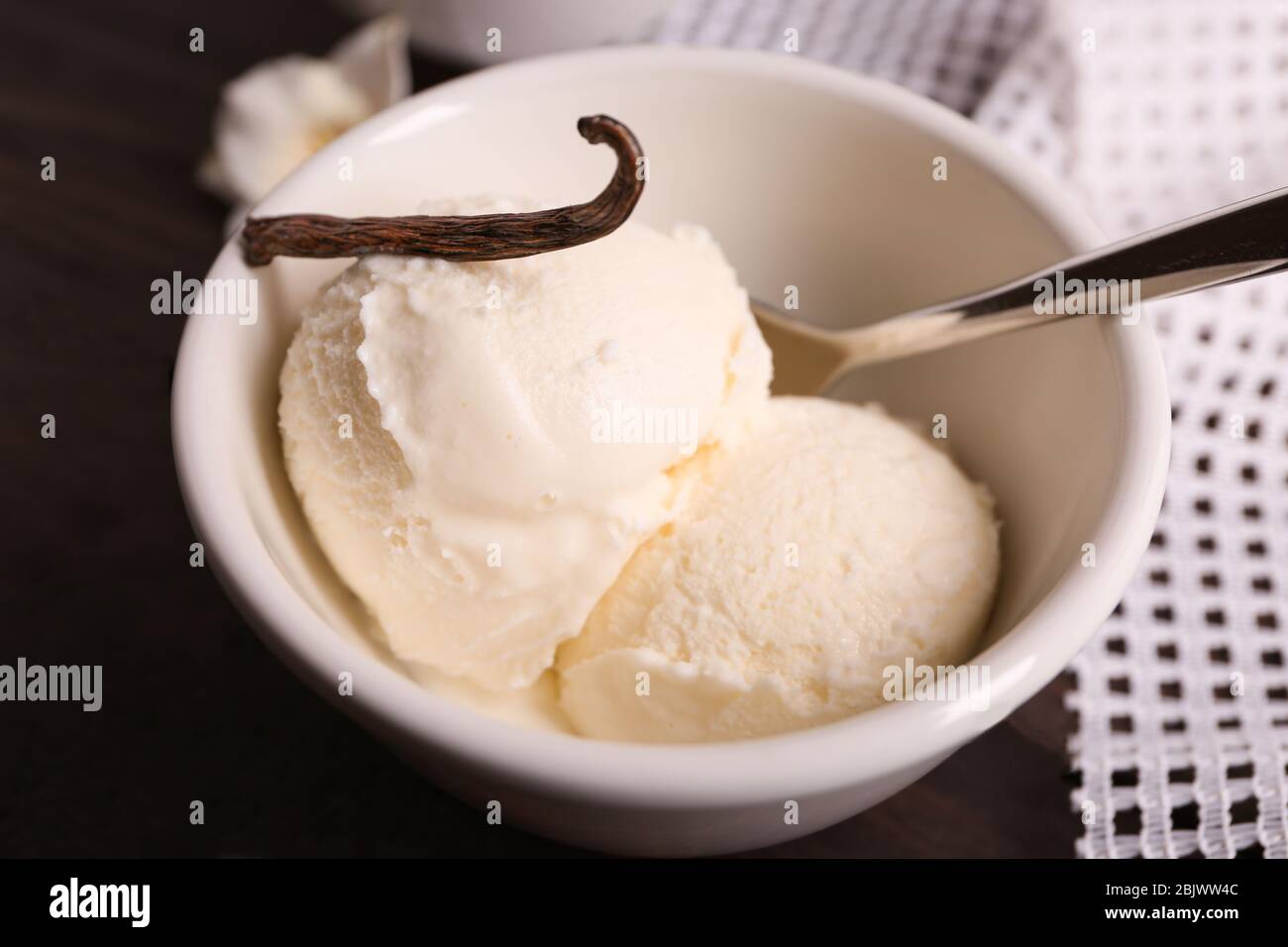Bowl with delicious vanilla ice cream on table, closeup Stock Photo - Alamy