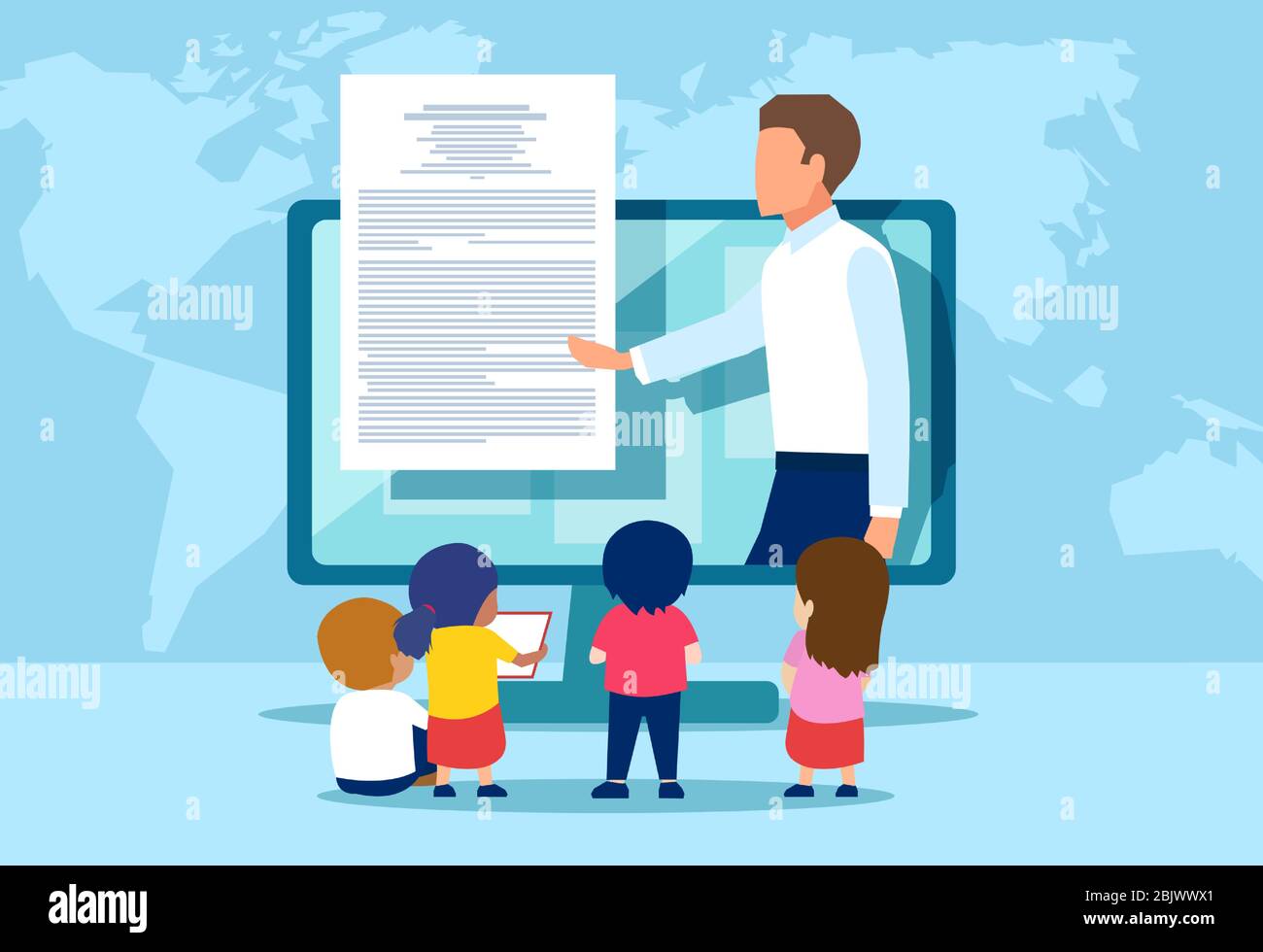 Vector of a group of kids watching online teacher class on computer. Internet education at home program concept Stock Vector