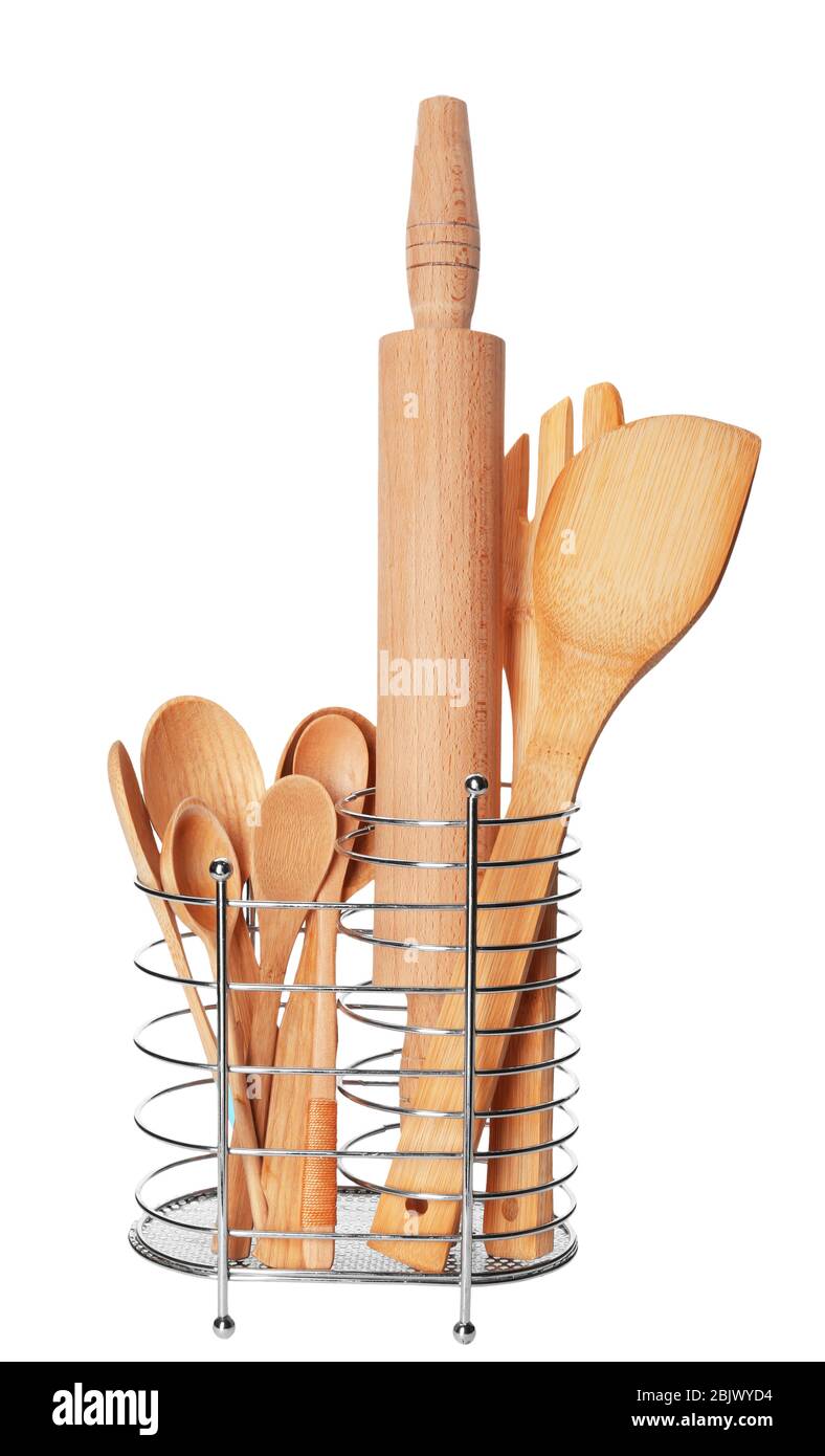 Wooden kitchen utensils on white background Stock Photo - Alamy
