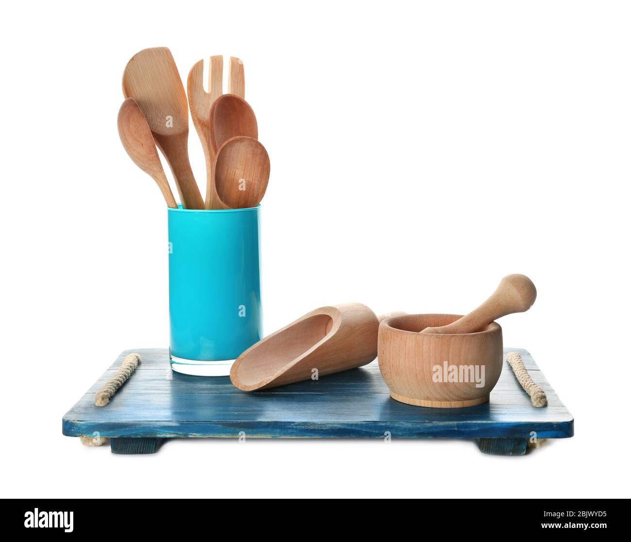 Wooden kitchen utensils on white background Stock Photo - Alamy