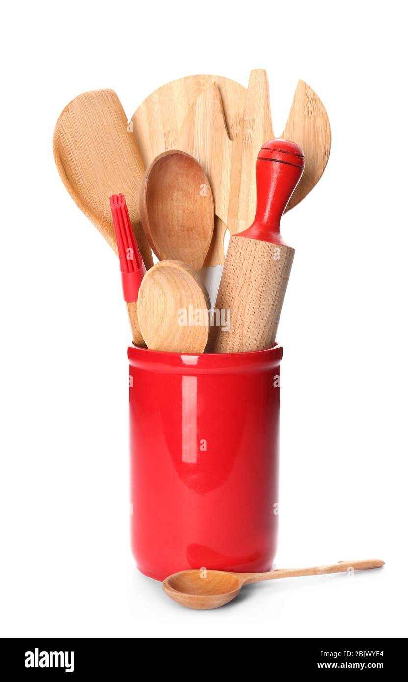 Wooden kitchen utensils on white background Stock Photo - Alamy