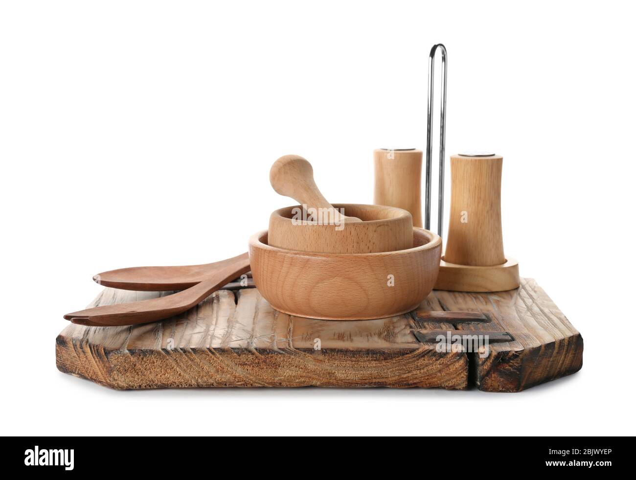 Wooden kitchen utensils on white background Stock Photo - Alamy