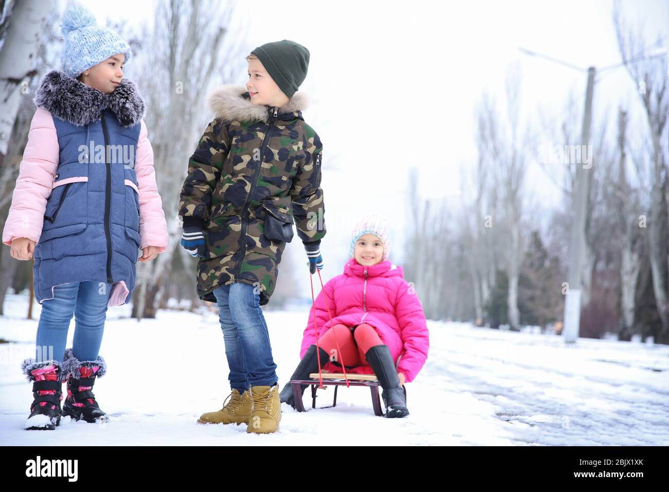 Cute children sledding in snowy park on winter vacation Stock Photo - Alamy