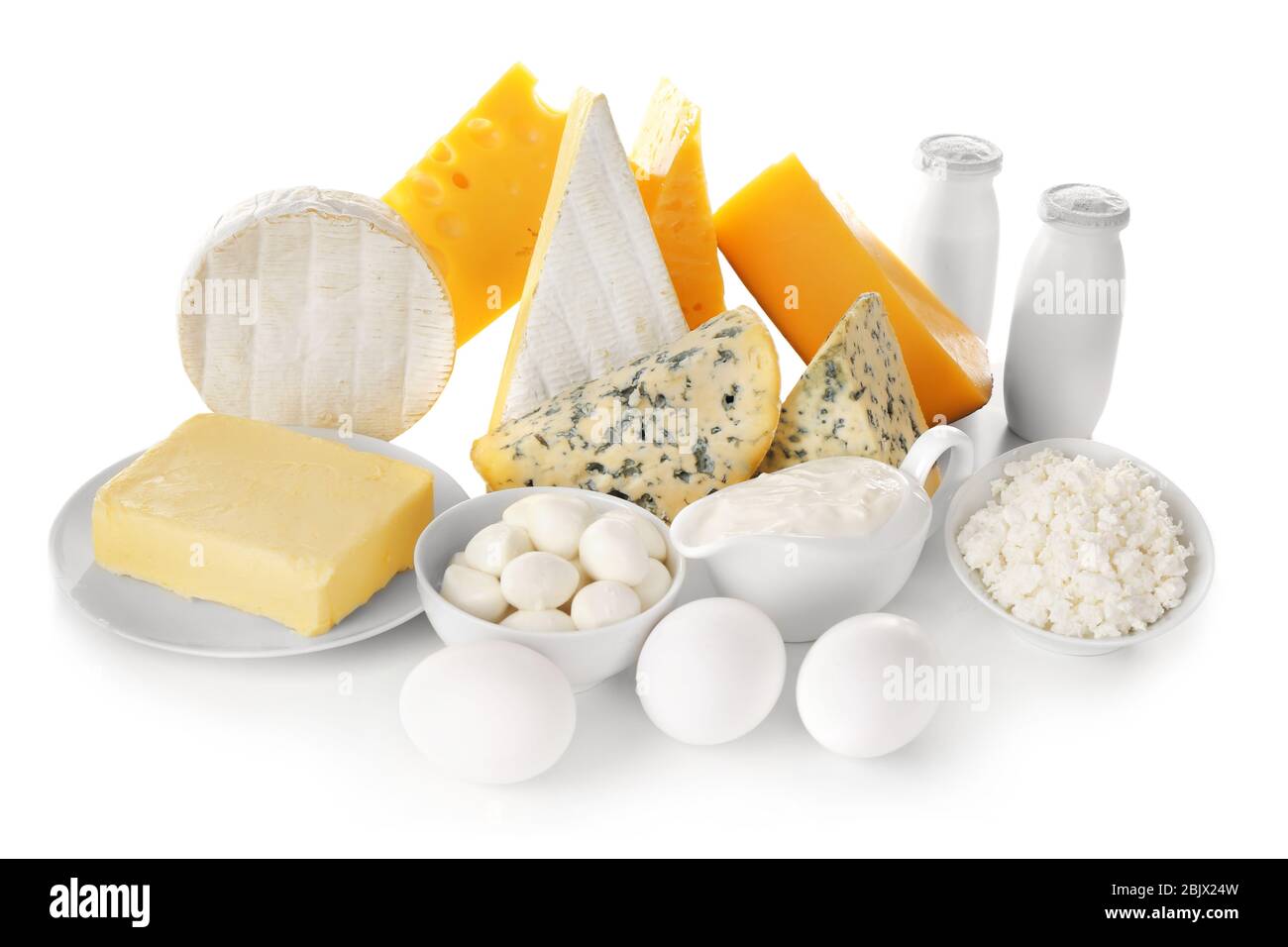Different dairy products and eggs on white background Stock Photo Alamy