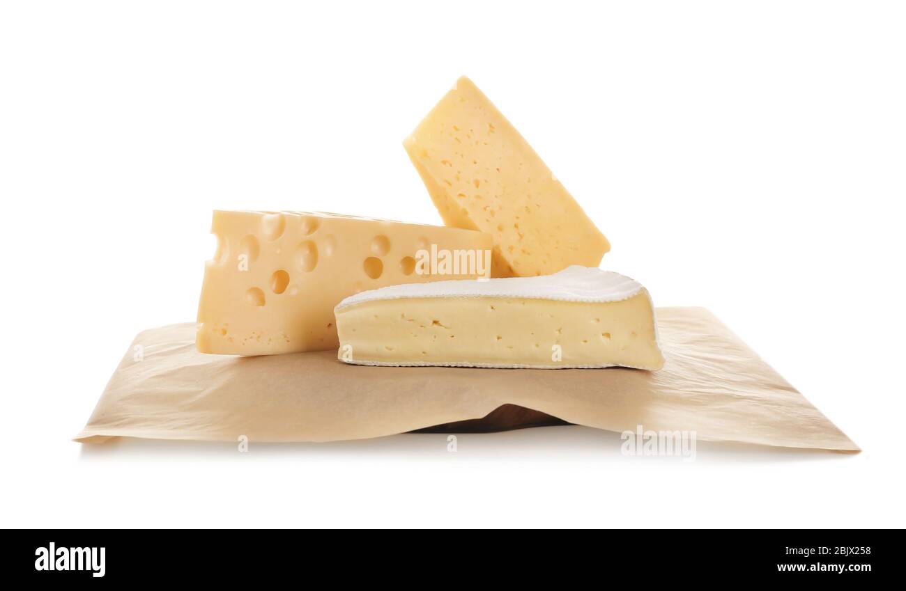 Different cheeses on white background. Fresh dairy products Stock Photo