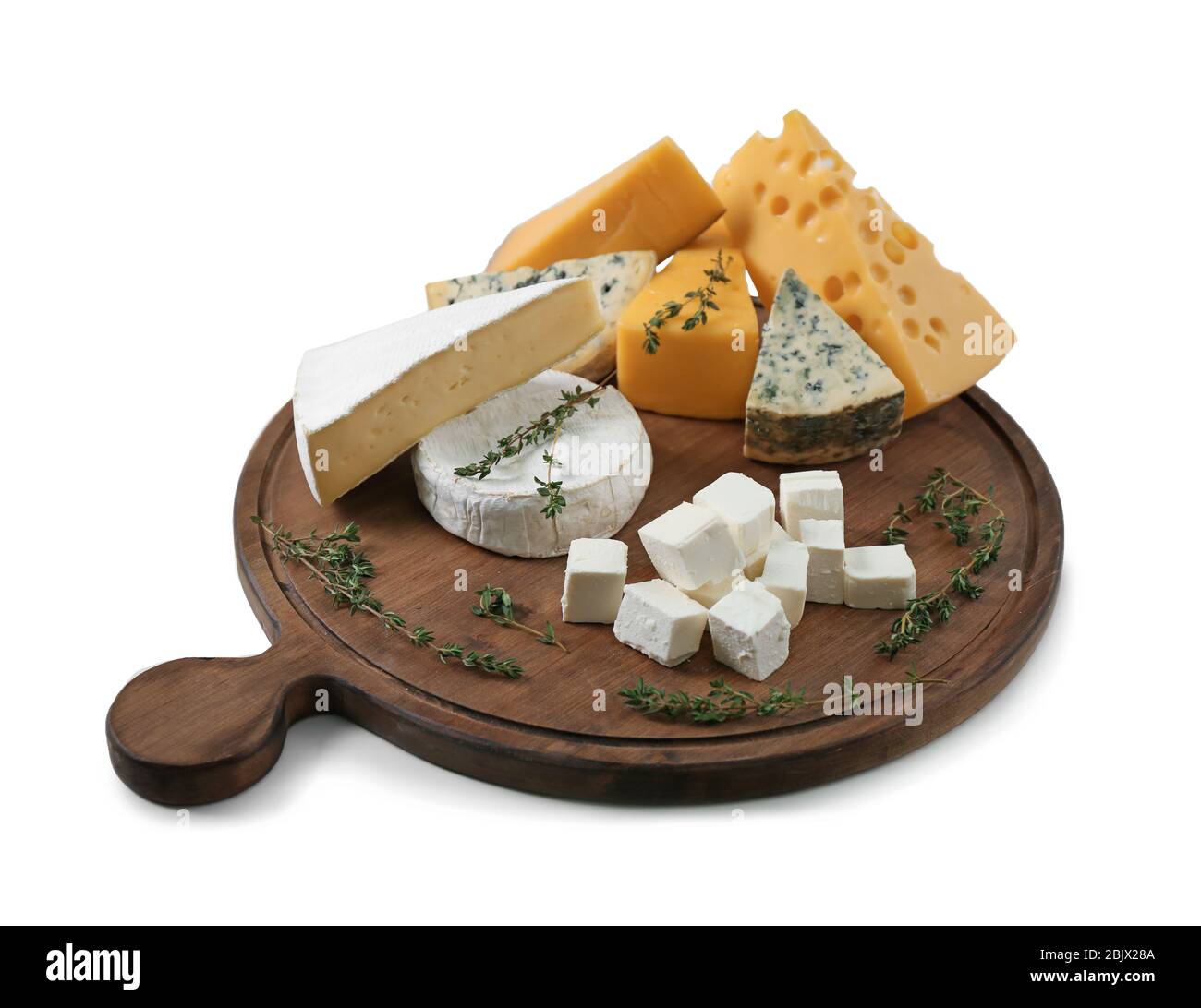 Different cheeses on white background. Fresh dairy products Stock Photo