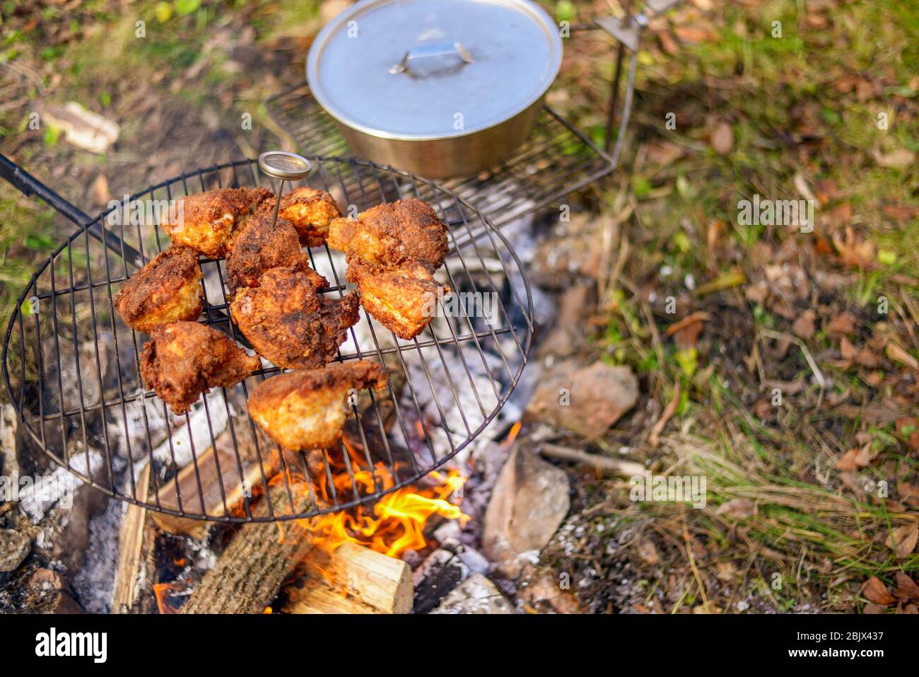 Cooking food over open fire while camping on an adventure Stock Photo