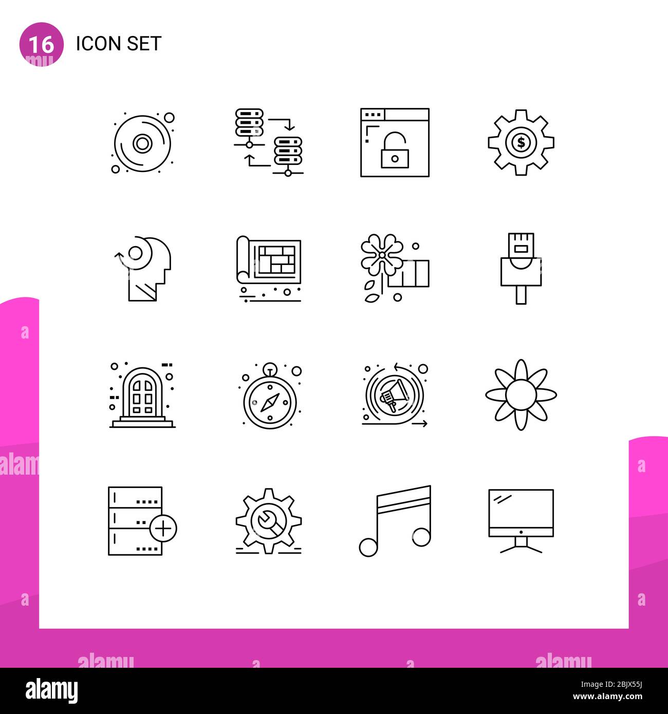 Set of 16 Commercial Outlines pack for mind, services, internet, dollar, wheel Editable Vector Design Elements Stock Vector