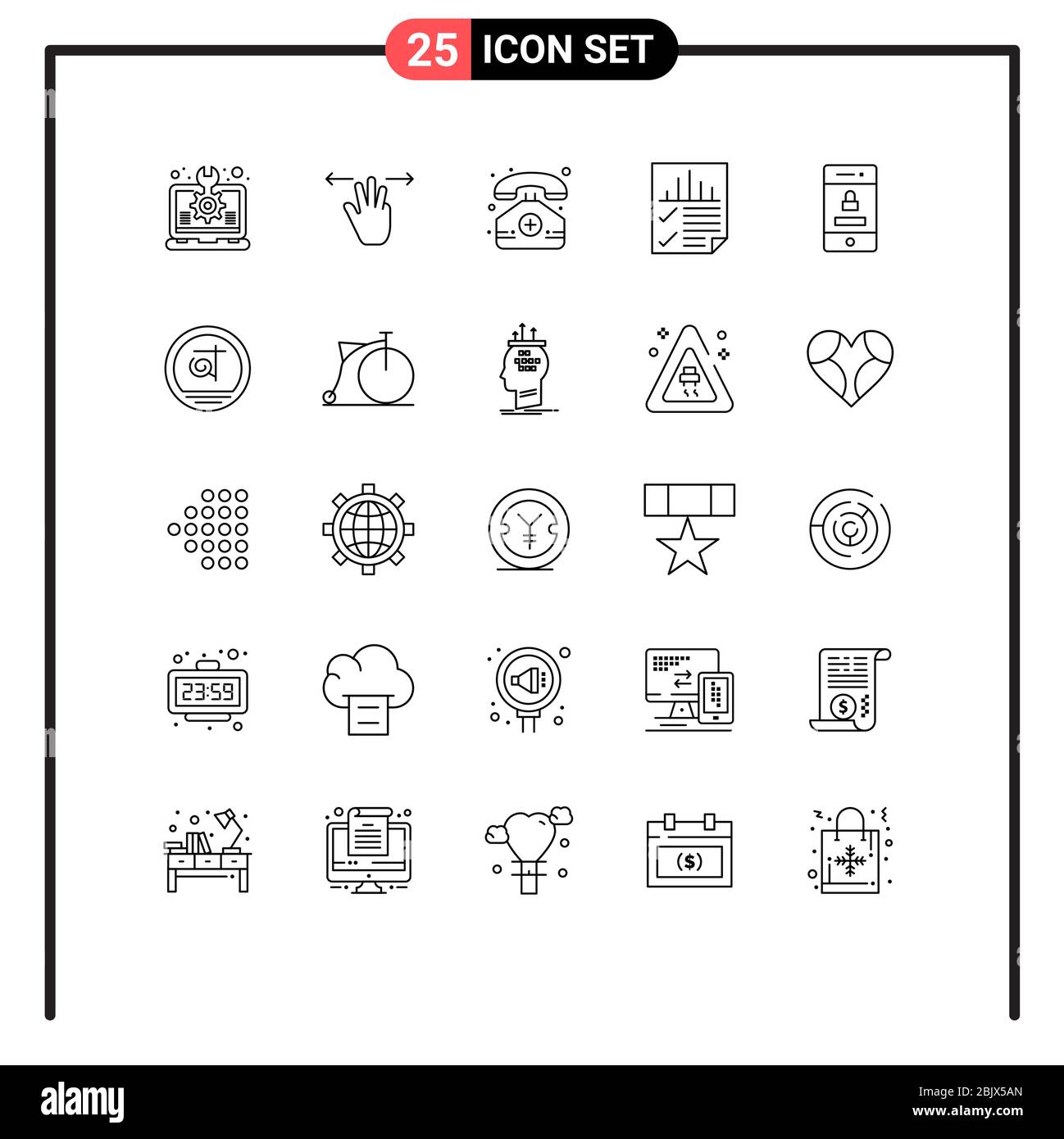 25 Thematic Vector Lines and Editable Symbols of seo, page, three fingers, document, phone Editable Vector Design Elements Stock Vector