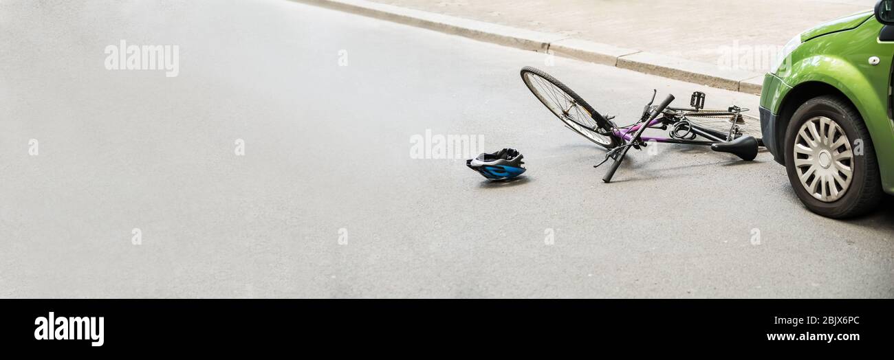 Bicycle And Car Fatal Accident On Road Stock Photo