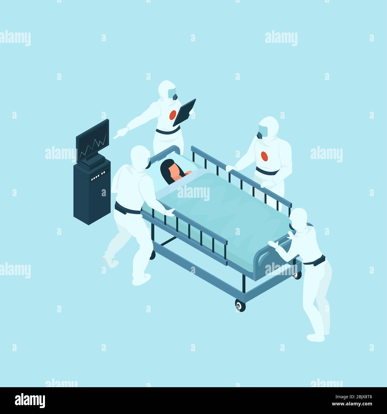 Vector of a medical team in protective gear taking care of a sick patient in ICU room Stock Vector