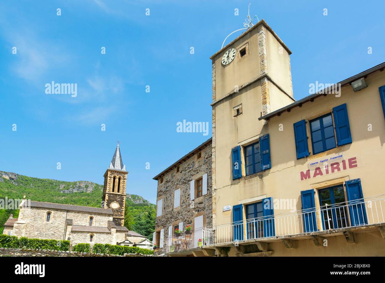 France, Cevennes National Park, Vebron, St. Pierre Roman Catholic Church, Mairie, village centre Stock Photo