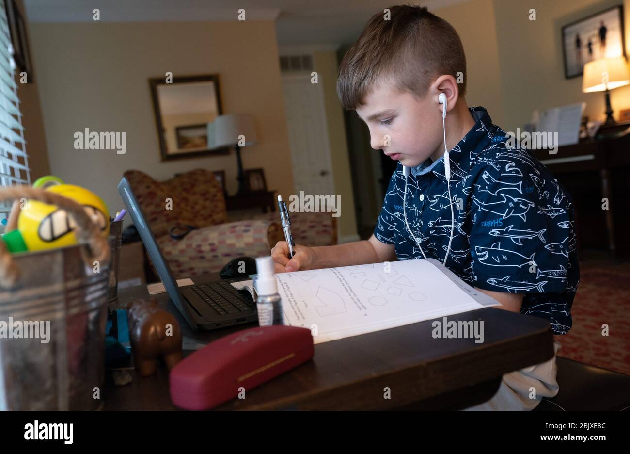 Kensington, Untied States. 30th Apr, 2020. Drew Luther, a 3rd grader at the Landon School, participates in a remote math class from his home in Kensington, Maryland as the Coronavirus pandemic has forced in-person classes to be cancelled, Thursday, April 20, 2020. Schools in the DC Metropolitan region have instituted remote learning programs as their facilities were closed to help curb the spread of COVID-19 pandemic. Photo by Kevin Dietsch/UPI Credit: UPI/Alamy Live News Stock Photo