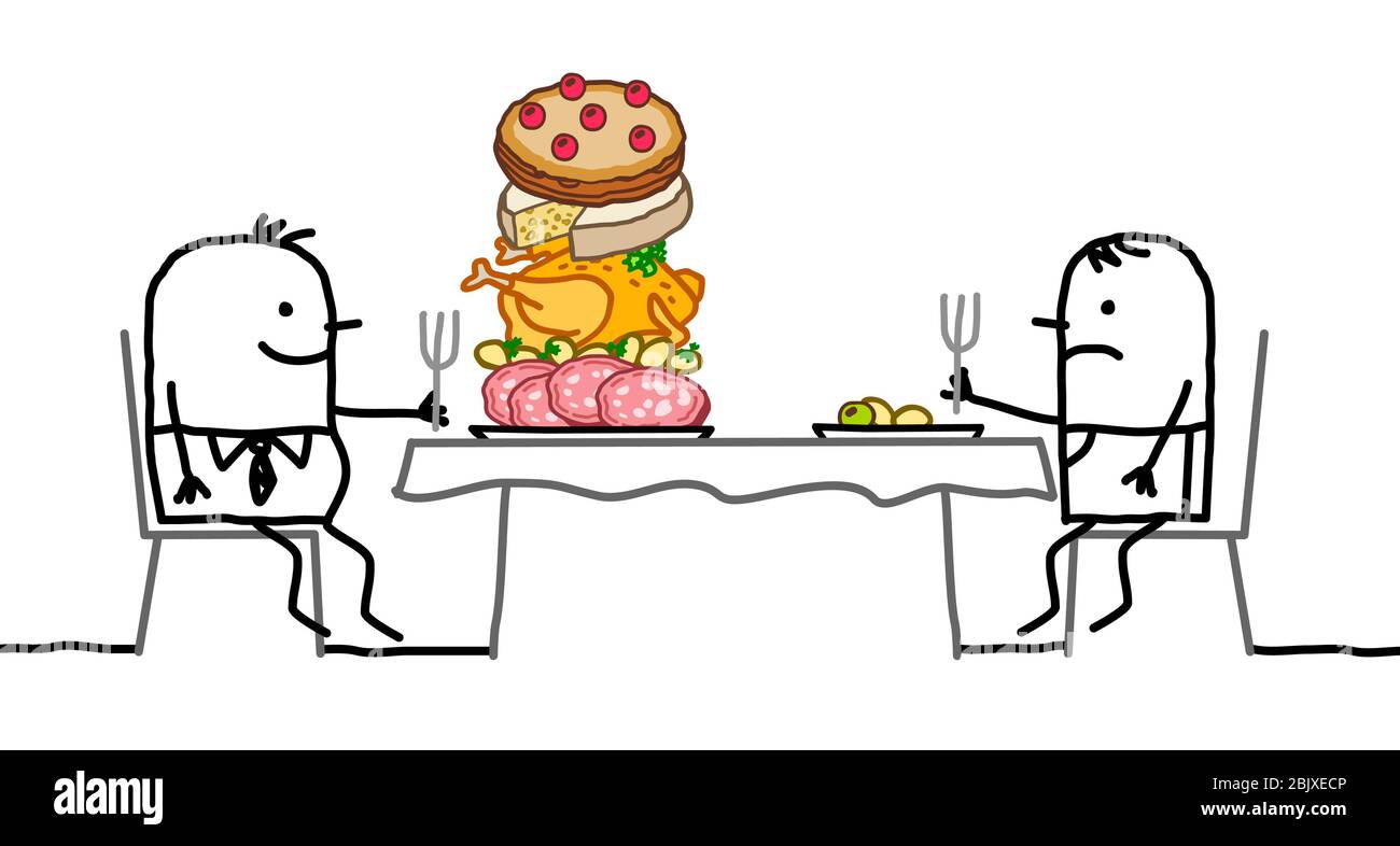 hand drawn Cartoon fat man with a pile of food in his plate, sitting front of a thin one with a small plate Stock Vector