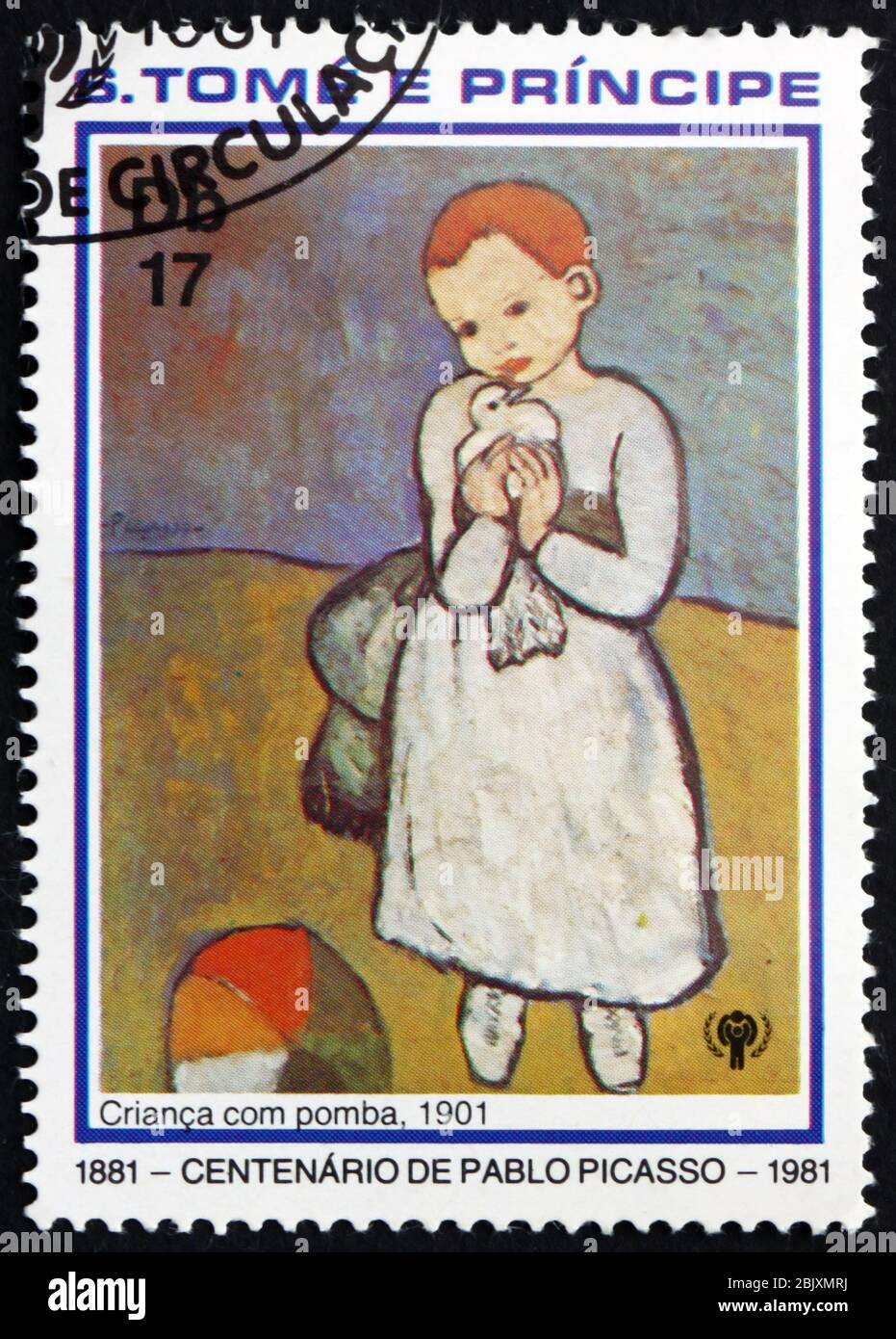 SAO TOME AND PRINCIPE - CIRCA 1981: a stamp printed in Sao Tome and Principe shows Child with Dove, Painting by Pablo Picasso, circa 1981 Stock Photo