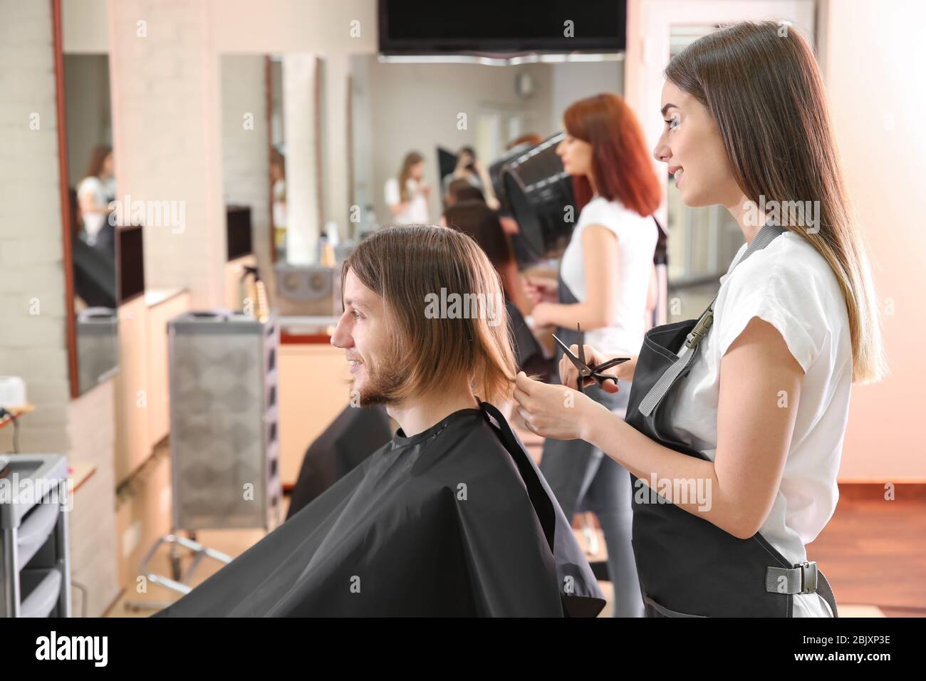 Female hairdresser working with client in salon Stock Photo - Alamy