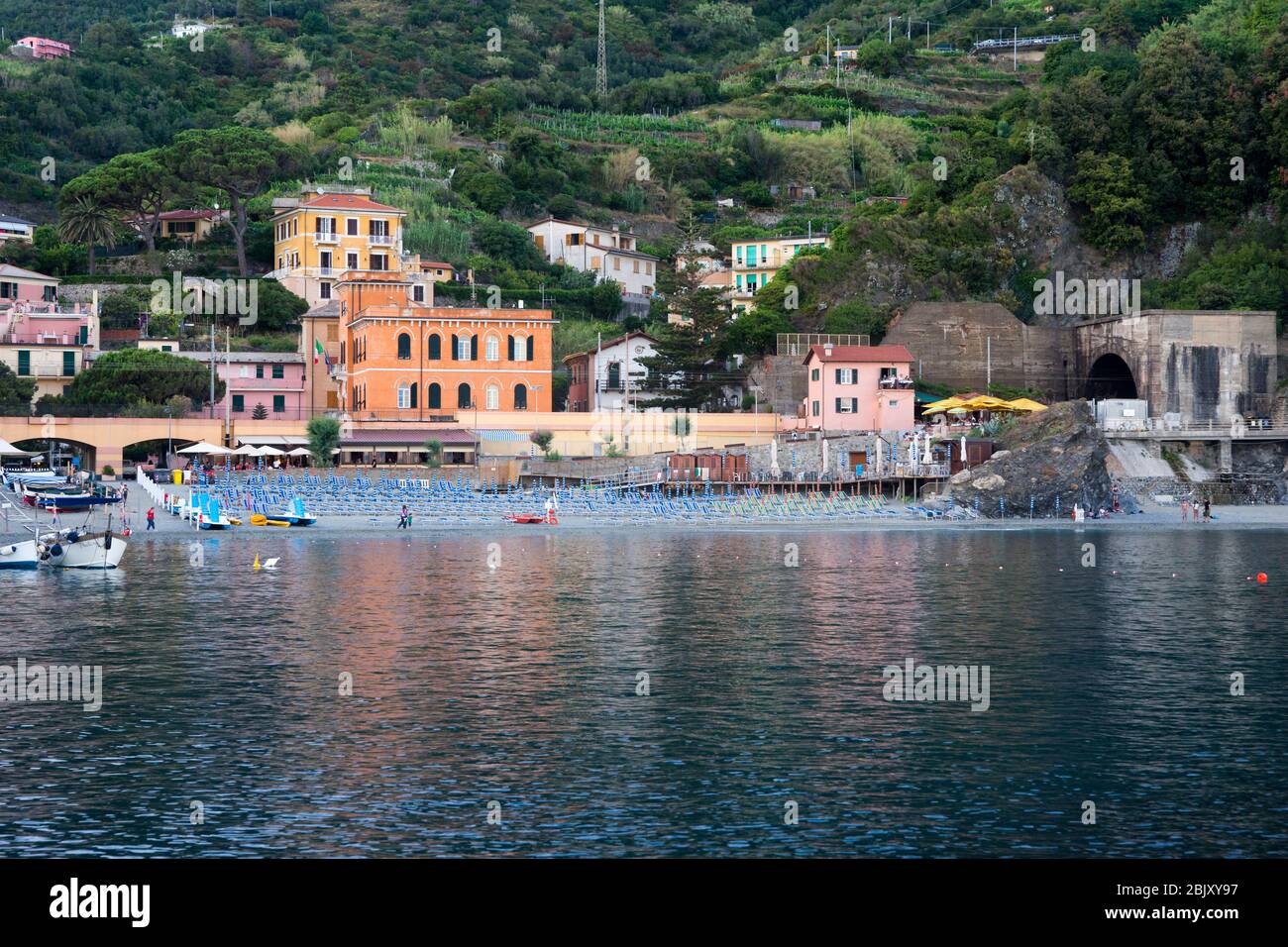 Ocean front view of seaside village of Monterosso, Cinque Terre, Italy Stock Photo