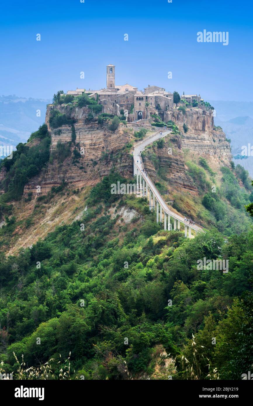 Cività di Bagnoregio, Civita Bagno, an ancient Etruscan  hilltop village perched atop volcanic tufta rock in southern Tuscany is slowly eroding. The o Stock Photo