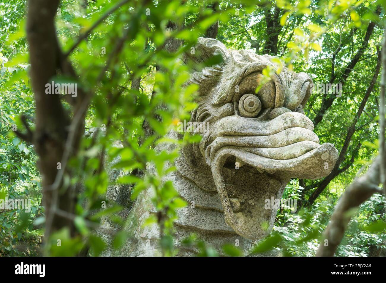 Concrete dragon head at Monster Park, Parco dei Mostri, was commissioned in 1552 by Prince Pier Francesco Orsini to express horrific grief this soldie Stock Photo