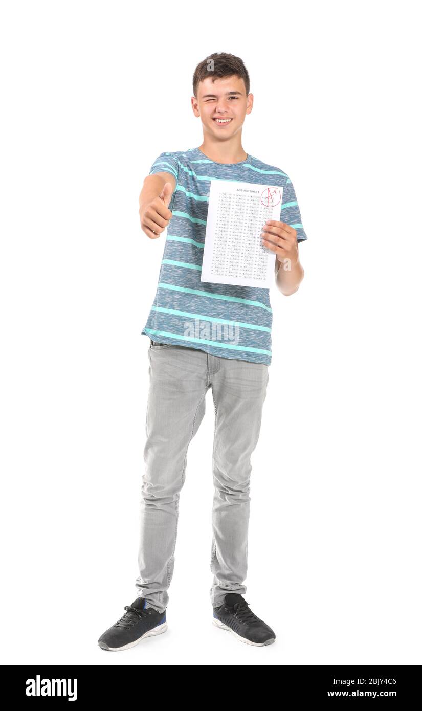 Boy Test Background Happy boy with results of school test on white background Stock Photo ...