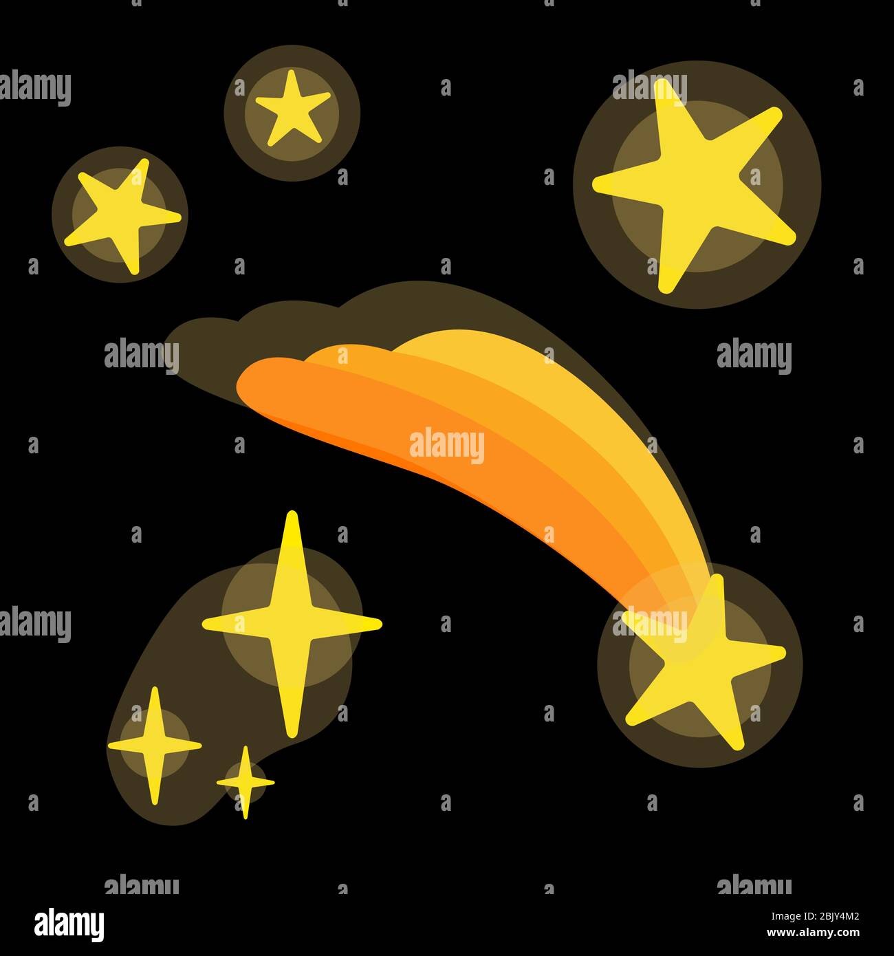 Decorative stars set Flat icon isolated on black background. Doodle meteor in night sky element. Falling star Cartoon vector illustration. Simple Yellow sticker clip art for graphic design. Stock Vector
