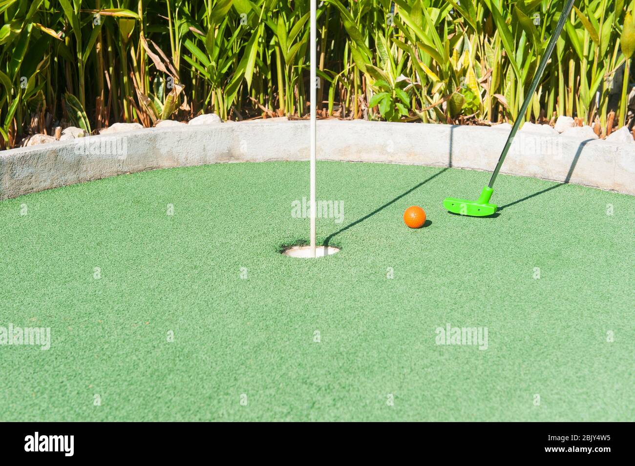 Green mini golf club puts and orange ball towards a hole on green turf Stock Photo