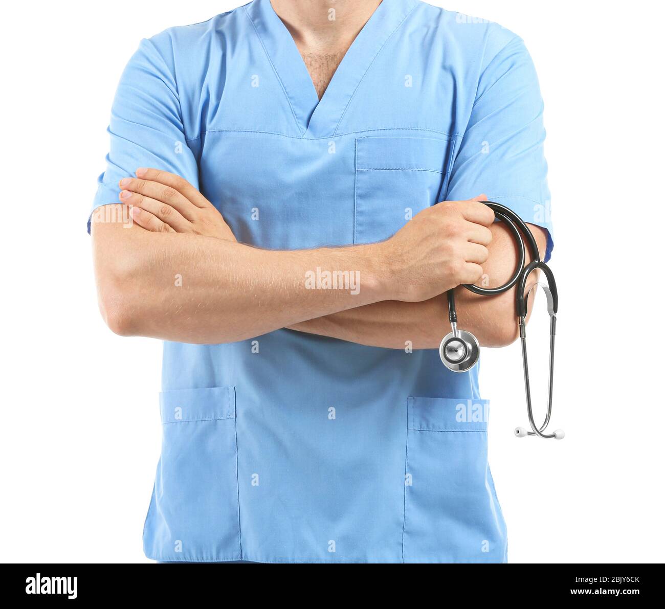 Male nurse with stethoscope on white background Stock Photo - Alamy