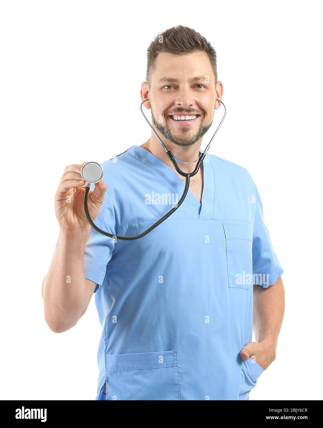 Male nurse with stethoscope on white background Stock Photo - Alamy