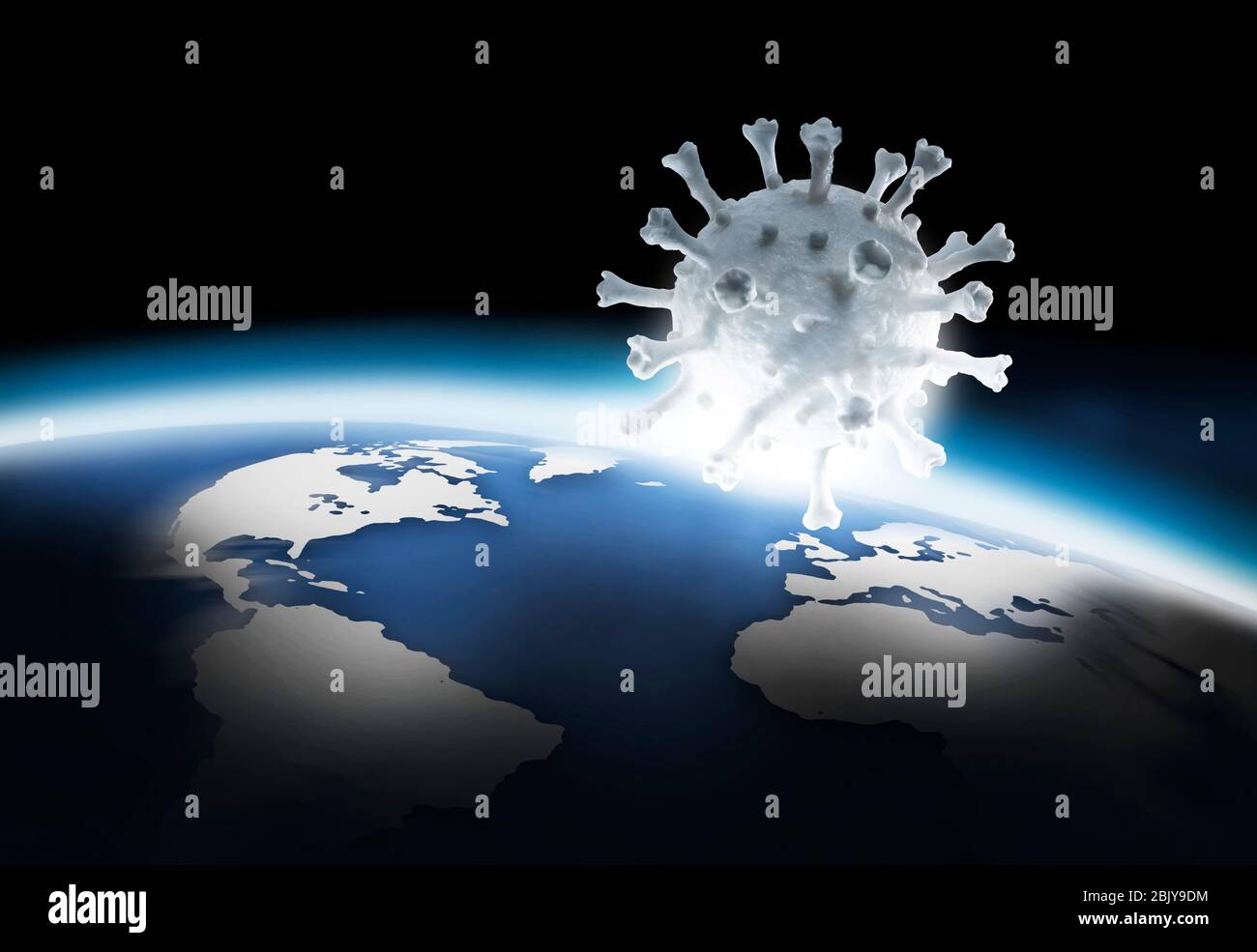 Digital image of model of Coronavirus floating over planet Earth Stock Photo