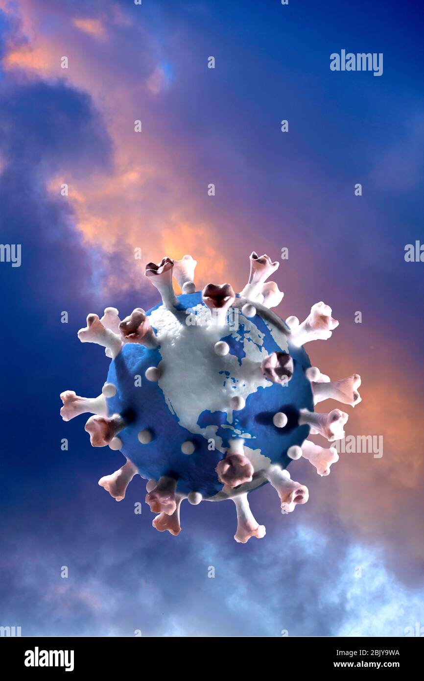 Model of globe in shape of Coronavirus floating against clouds Stock Photo