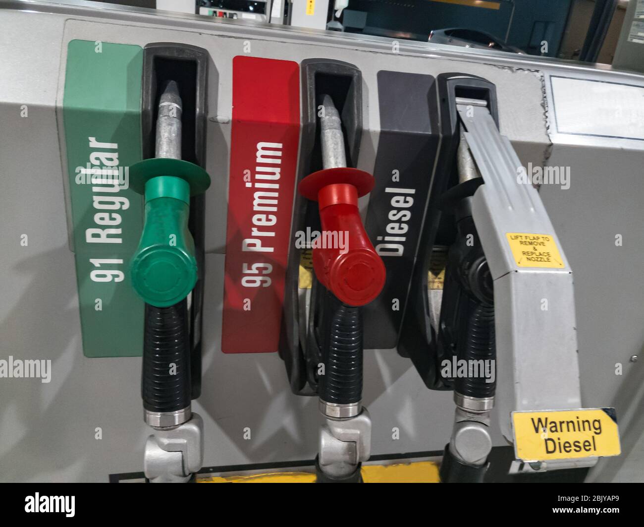 Gas pumps with fuel grades providing supply of petrol and diesel Stock
