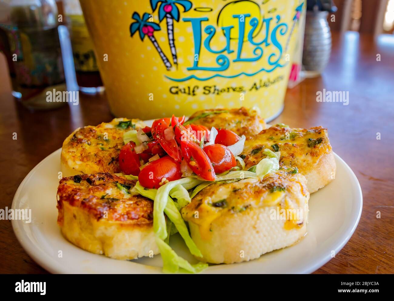 Bruschetta is served as an appetizer at Lulu’s Sunset Grill, March 4, 2016, in Gulf Shores, Alabama. Stock Photo