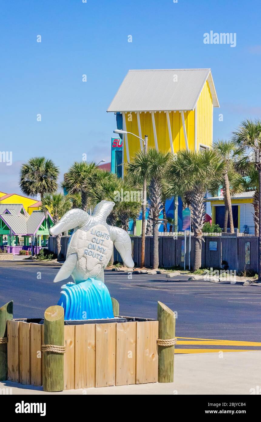 A turtle sculpture stands downtown near the beach as part of a public art project, March 4, 2016, in Gulf Shores, Alabama. Stock Photo