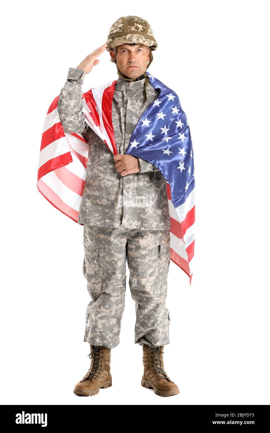 Saluting male soldier with USA flag on white background Stock Photo