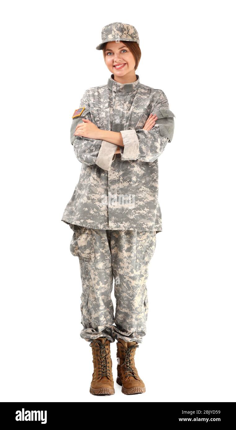 Young female soldier on white background Stock Photo - Alamy