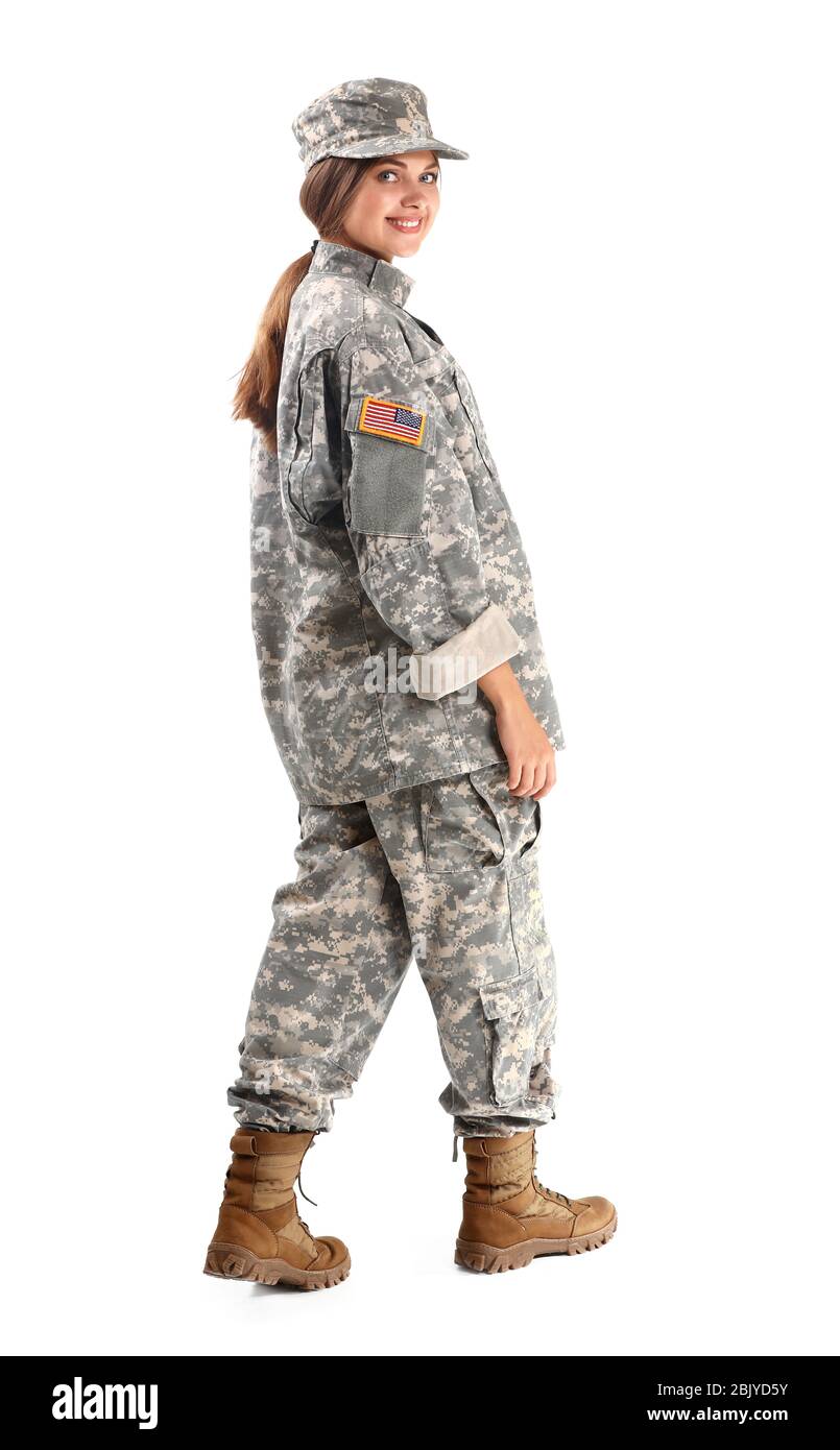Young female soldier on white background Stock Photo - Alamy