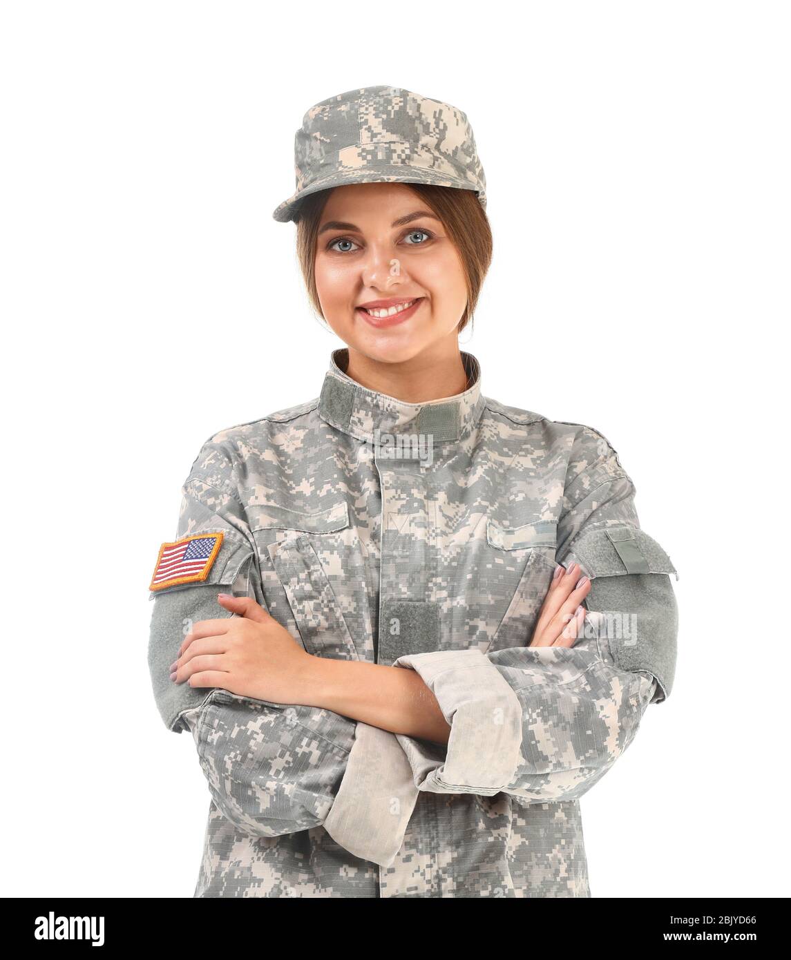 Young female soldier on white background Stock Photo - Alamy