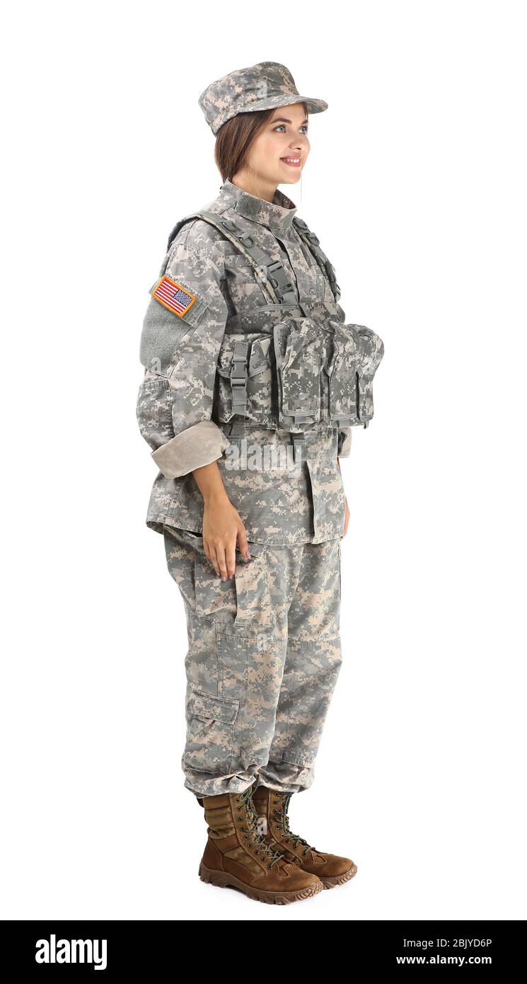 Young female soldier on white background Stock Photo - Alamy