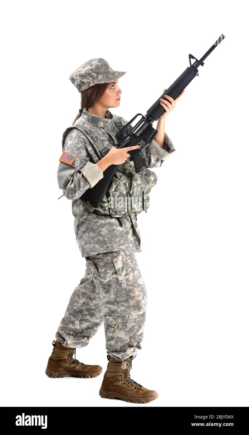 Young female soldier on white background Stock Photo - Alamy