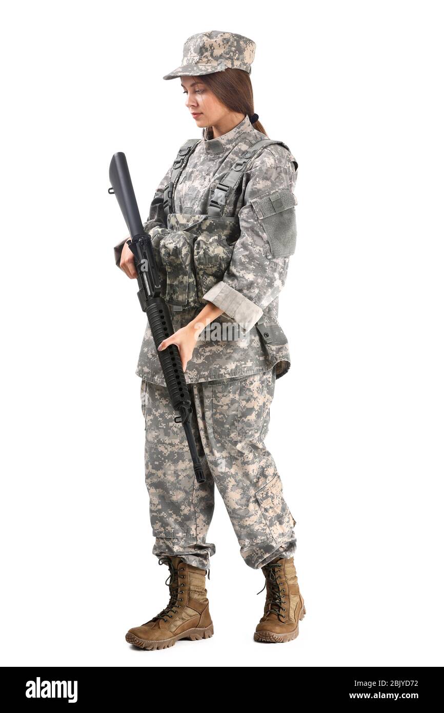 Young female soldier on white background Stock Photo - Alamy